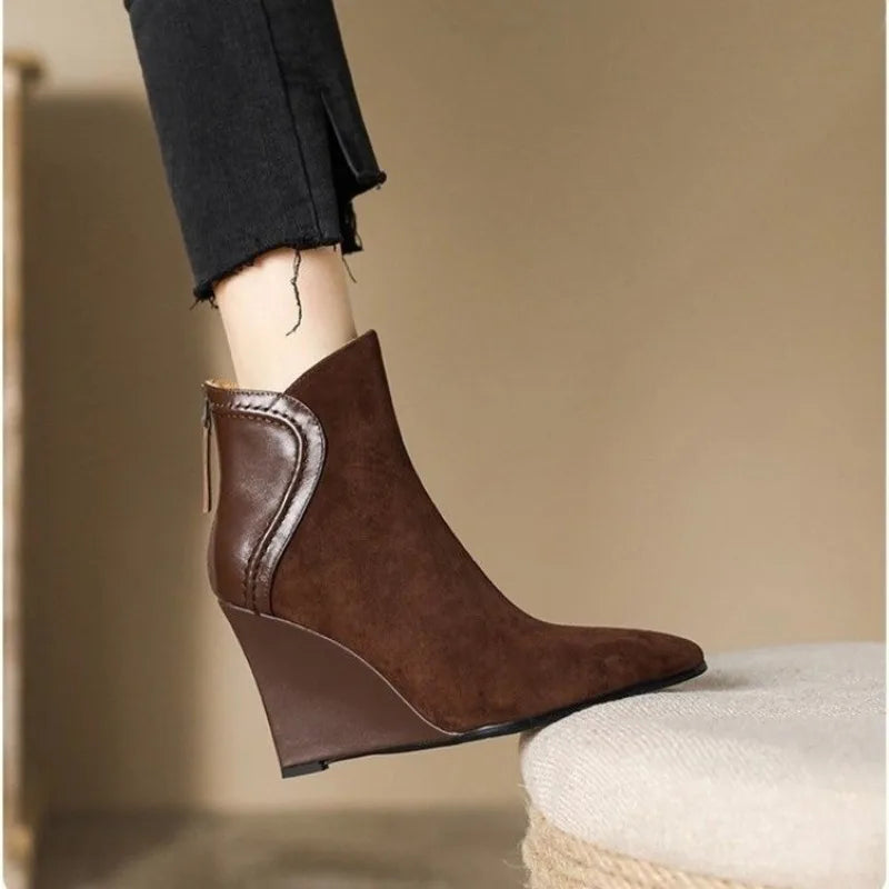 Women's Faux Leather Wedge Heels - Pointed Toe Suede Shoes with Zipper,