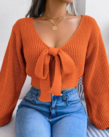 Bow Tie Sweater for Women with Puff Sleeves