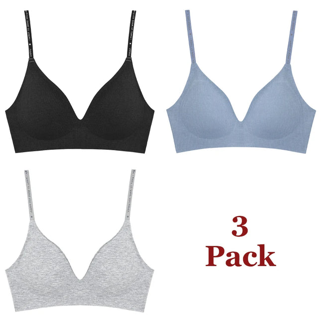 FINETOO 3-Piece Women's Striped Wireless Padded Deep V Bra with Breathable Design and Adjustable Straps