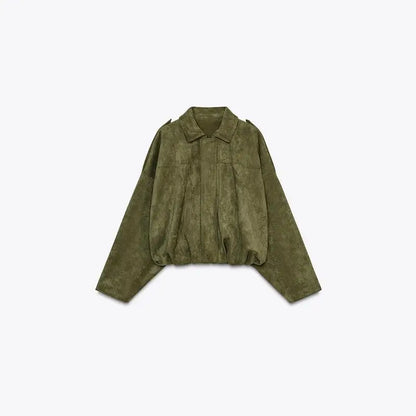 Women's Faux Suede Cropped Jacket with Vintage Lapel & Zipper