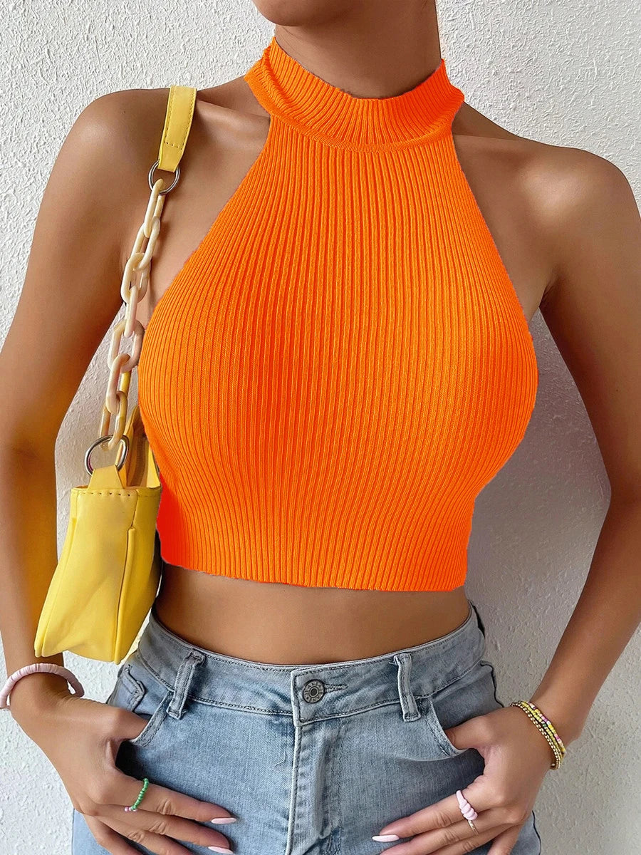 Women's Casual Ribbed Knit Halter Crop Top