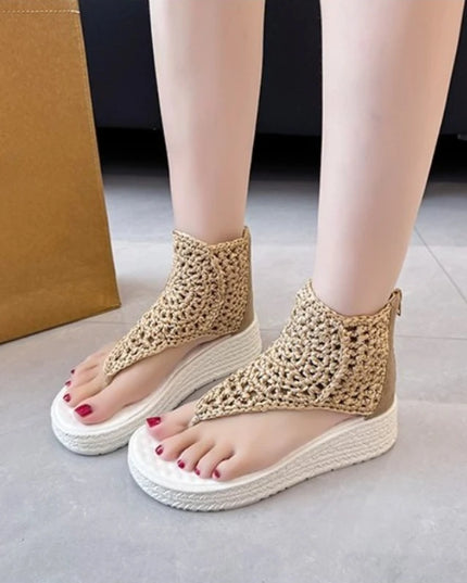 Women's Knitted Sandals with Braided Elastic and Mesh Flat Sole