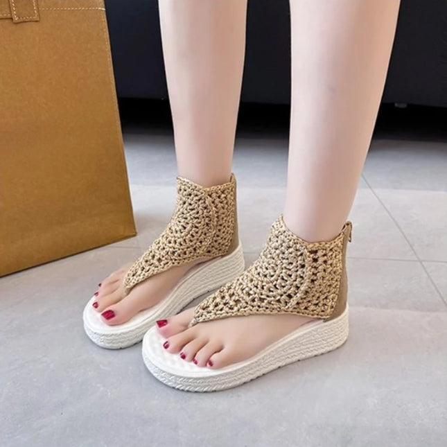Women's Knitted Sandals with Braided Elastic and Mesh Flat Sole