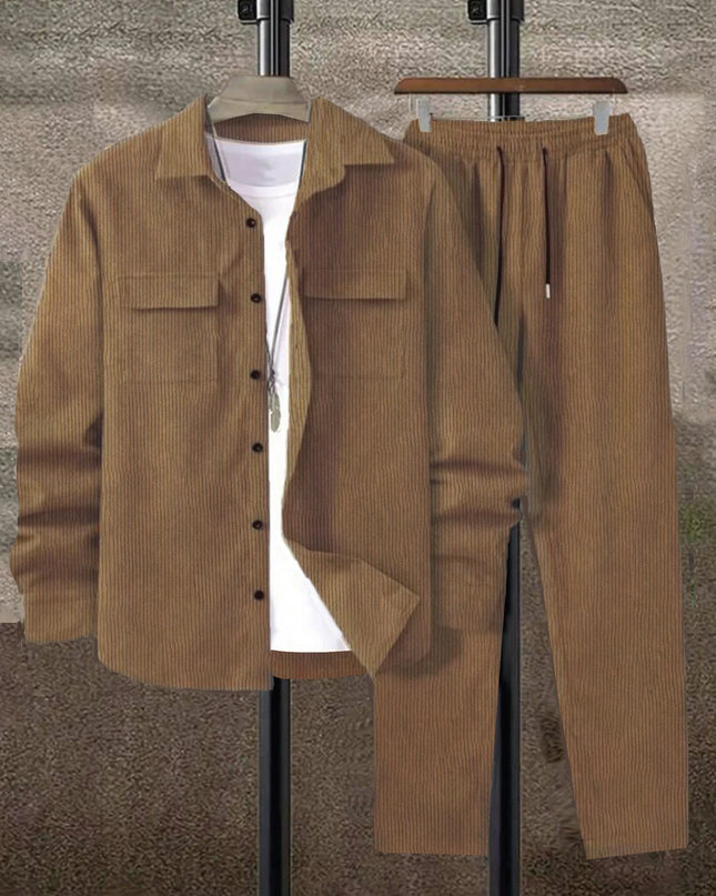 Men's Corduroy 2-Piece Shirt and Pants Set - Long Sleeve Button-Front Casual Outfit for Men