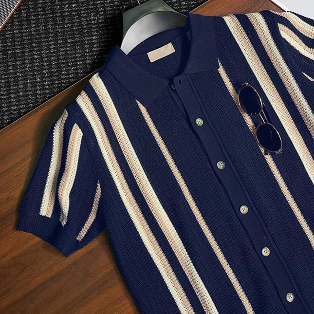 Men's Retro Style Striped Knit Polo Shirt - Casual Classic
