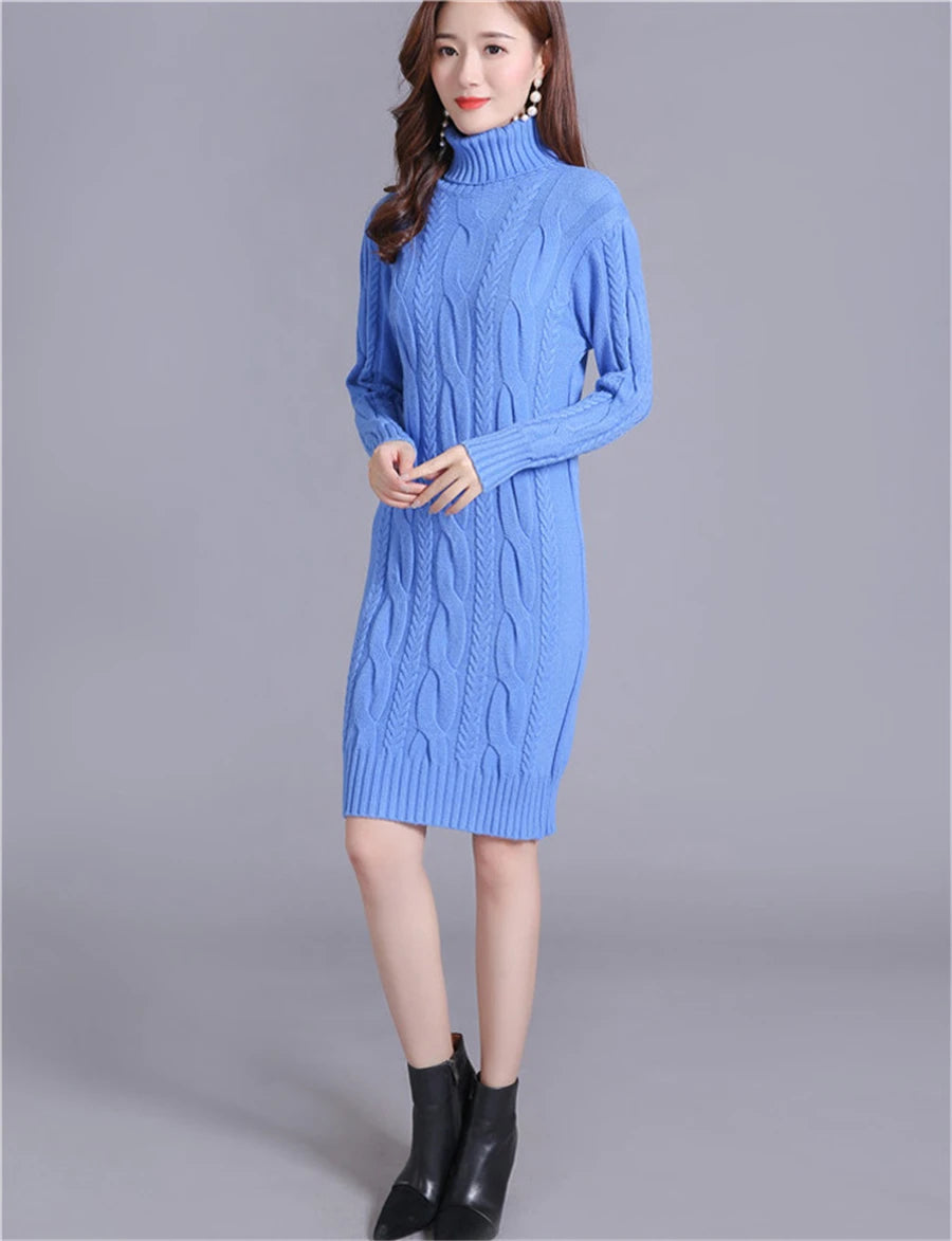Women's Oversized Knitted Turtleneck Twist Sweater Dress