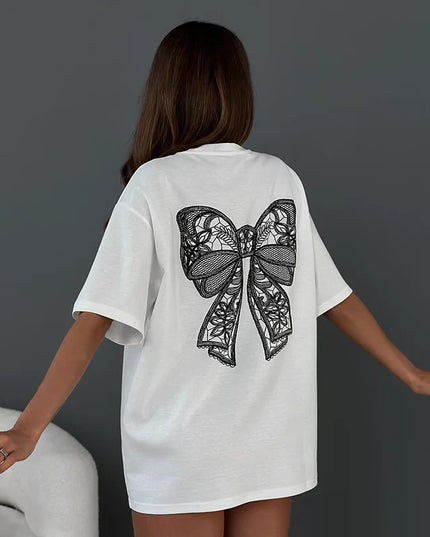 Women's Bow Print Loose T-Shirt - Stylish Casual Top for Women