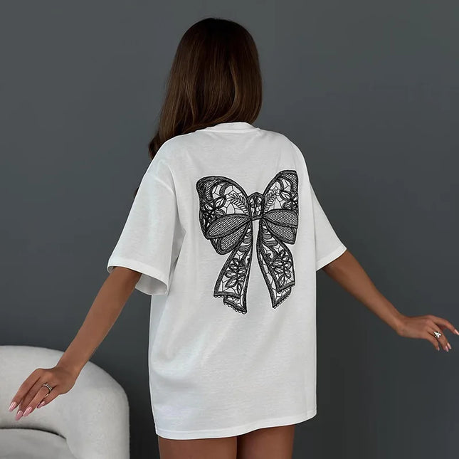 Women's Bow Print Loose T-Shirt - Stylish Casual Top for Women