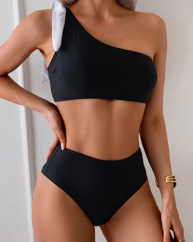 Women’s One-Shoulder Ruffle Bikini with High Waist and Padded Top