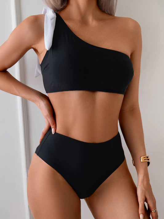 Women’s One-Shoulder Ruffle Bikini with High Waist and Padded Top