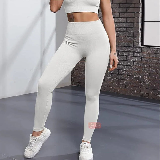 Women's High-Waisted Ribbed Yoga Pants - Various Colors
