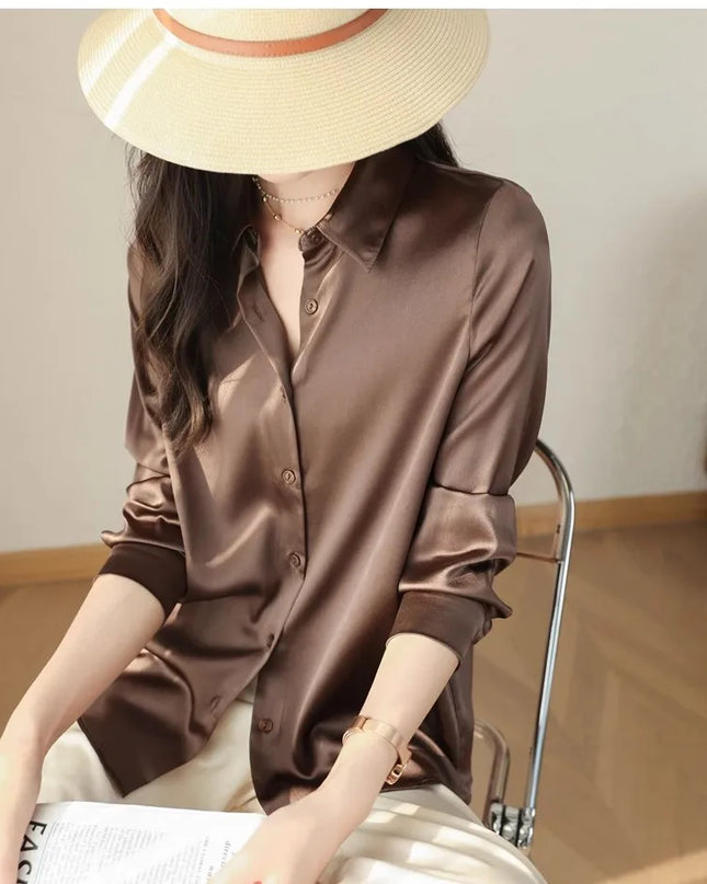 Elegant Satin Women's Blouse with Long Sleeves and Turn-down Collar