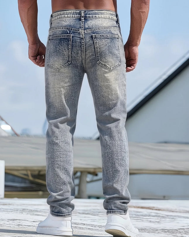 Vintage-Inspired Men's Jeans with Frayed Hem Details
