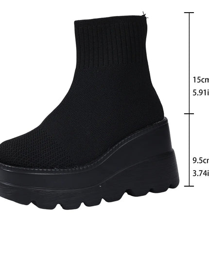 Women's Wedge High Heels - Breathable Weaving Elastic Short Boots with Thick Sole