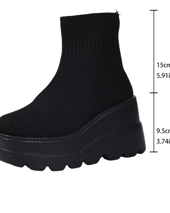 Women's Wedge High Heels - Breathable Weaving Elastic Short Boots with Thick Sole