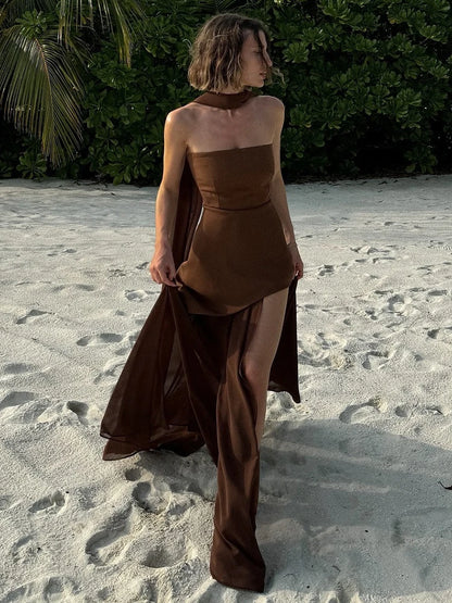Elegant Strapless Maxi Dress for Women with Scarf - Off-Shoulder