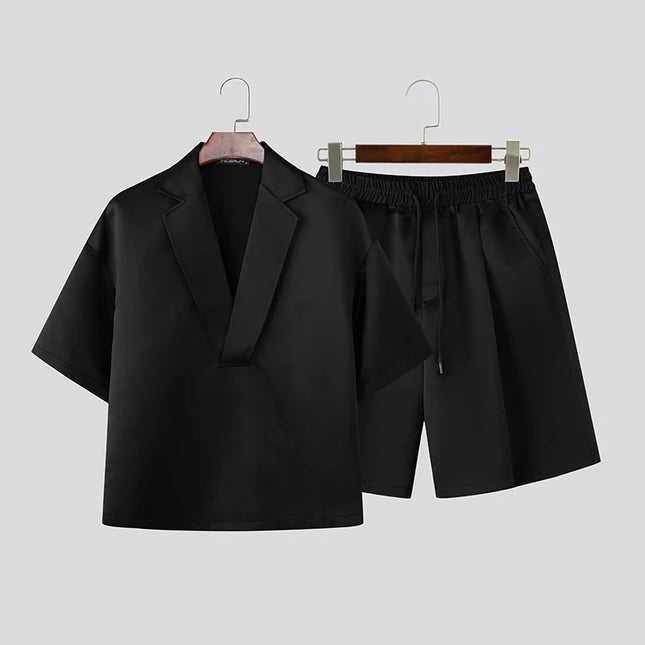 Incerun Men's Two-Piece Short Sleeve Shirt and Shorts Set