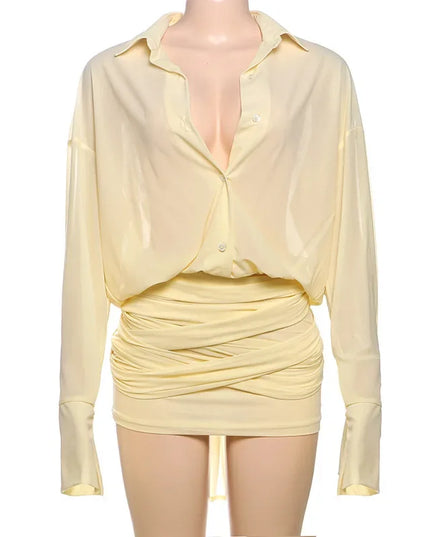 Women's Shirt Dress with Lapel, Slim Fit, Short Length, Pleated Design, and Sheer Fabric