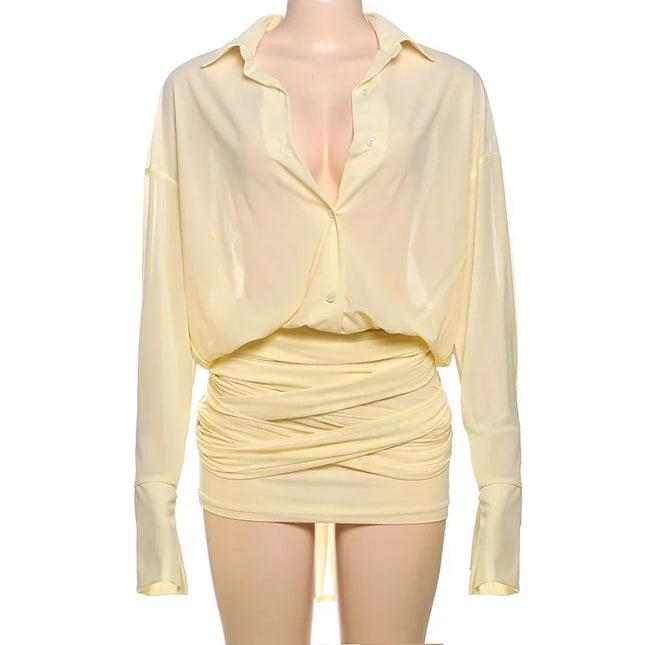 Women's Shirt Dress with Lapel, Slim Fit, Short Length, Pleated Design, and Sheer Fabric