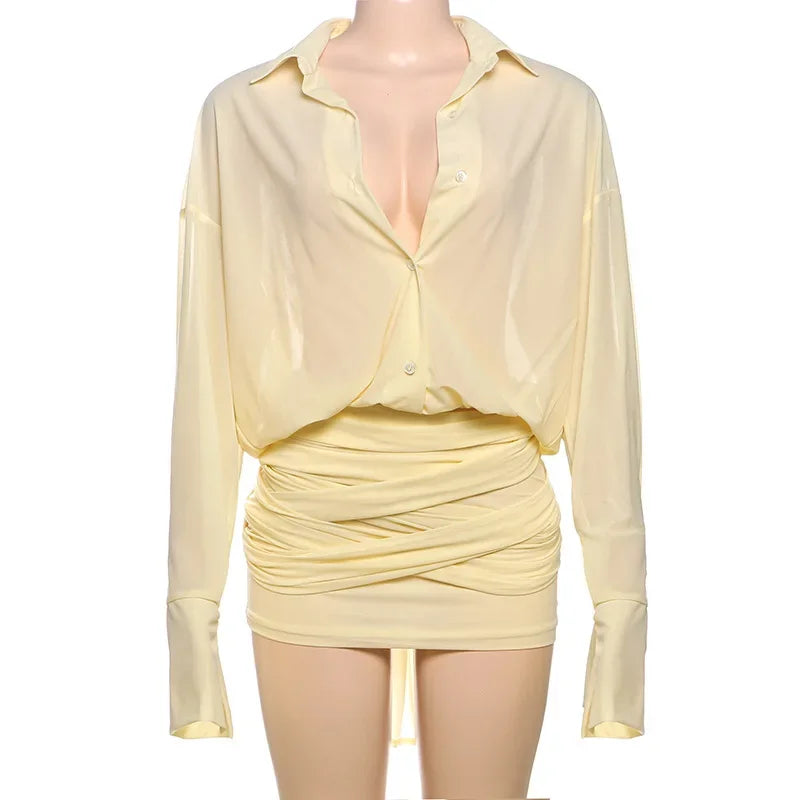 Women's Shirt Dress with Lapel, Slim Fit, Short Length, Pleated Design, and Sheer Fabric