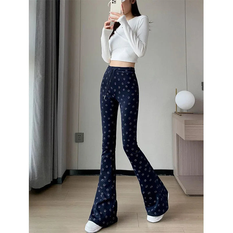 Retro Women's Smiling Face Print Wide-Leg Flared Pants – Slim Fit, Comfortable & Stylish Boho Trousers