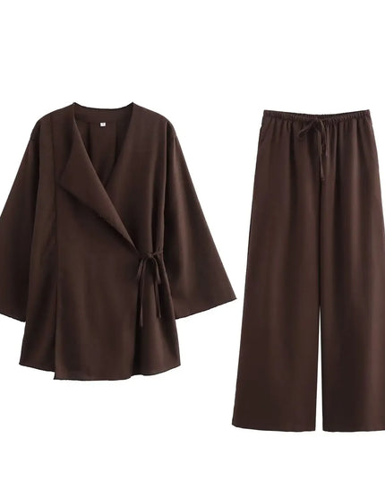 Linen Women's 2-Piece Set: Kimono Style Loose Lace-Up Shirt and Wide Leg Pants