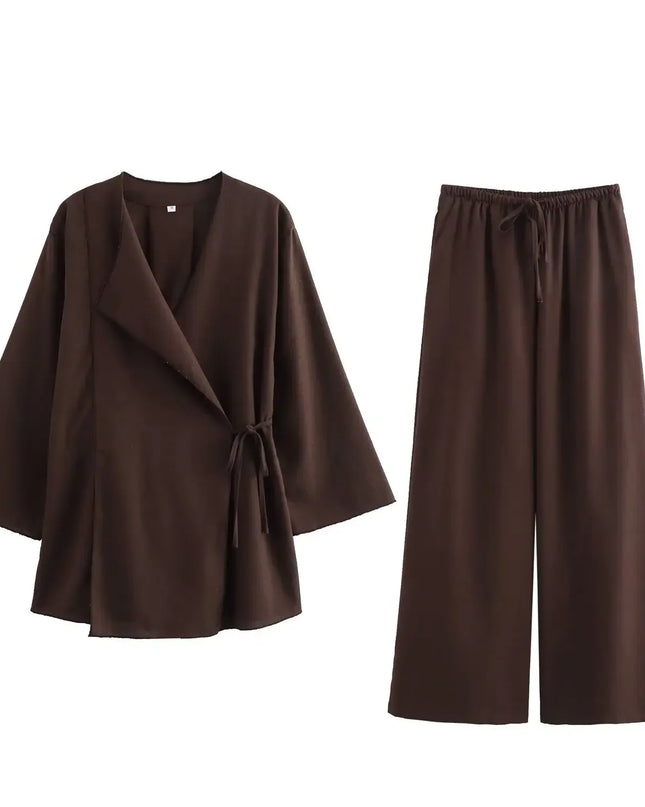 Linen Women's 2-Piece Set: Kimono Style Loose Lace-Up Shirt and Wide Leg Pants