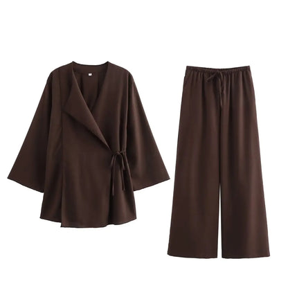Linen Women's 2-Piece Set: Kimono Style Loose Lace-Up Shirt and Wide Leg Pants
