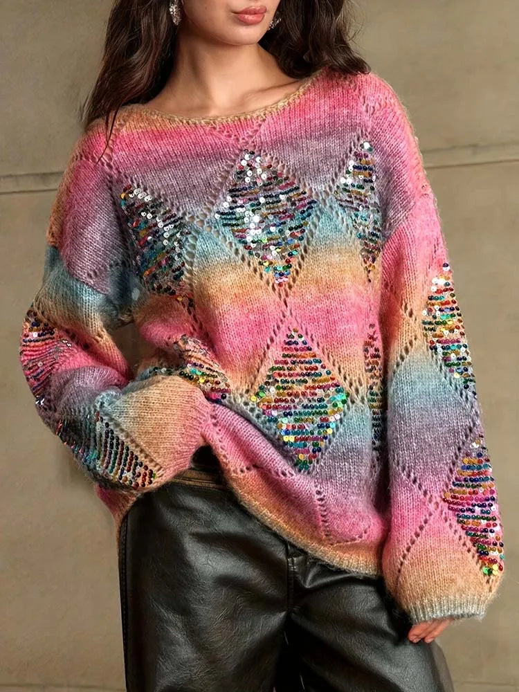 Women's Rainbow Crewneck with Pearl and Diamond Pattern Embroidery