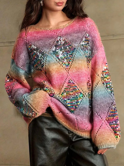 Women's Rainbow Crewneck with Pearl and Diamond Pattern Embroidery
