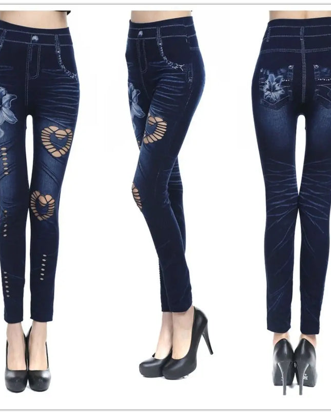 High-Waisted Women's Slim-Fit Faux Denim Pants with Heart and Flower Pattern