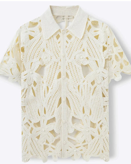 Retro Crochet Men's Shirt with Floral Knit Mesh Design
