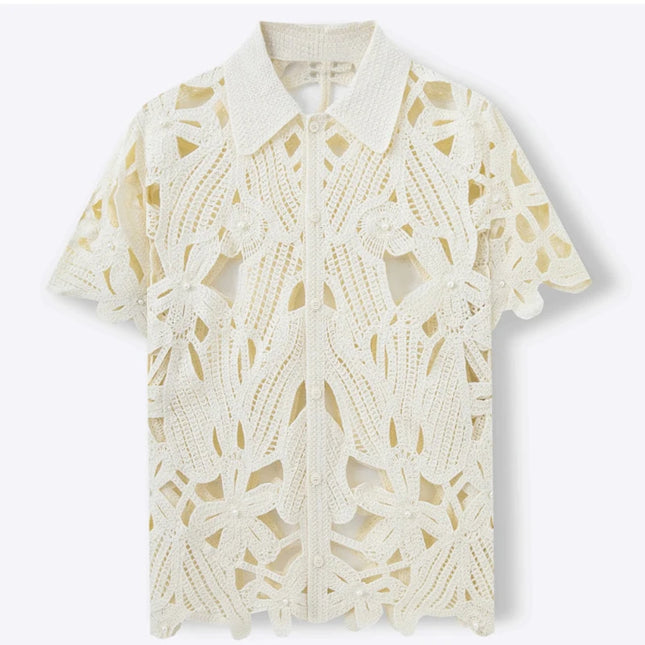 Retro Crochet Men's Shirt with Floral Knit Mesh Design