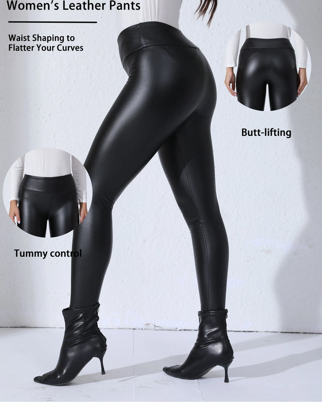 Women’s PU Leather Fleece-Lined Slim Fit Skinny Pants with Pockets, High Waist Elastic Design