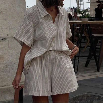 Stylish Women's Two-Piece Set - Striped Shirt & Lace-Up Shorts