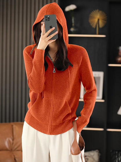 Women's Wool Blend Hoodie Sweater - Thick Knitted Zipper Cardigan with Hood