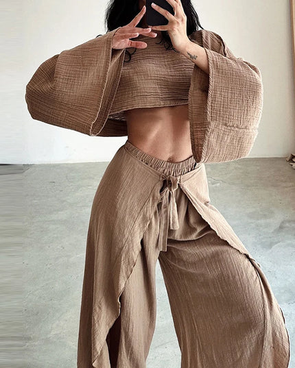 Women's Cotton Linen 2-Piece Long Sleeve Crop Top & Lace-Up Ruffle Pants Set