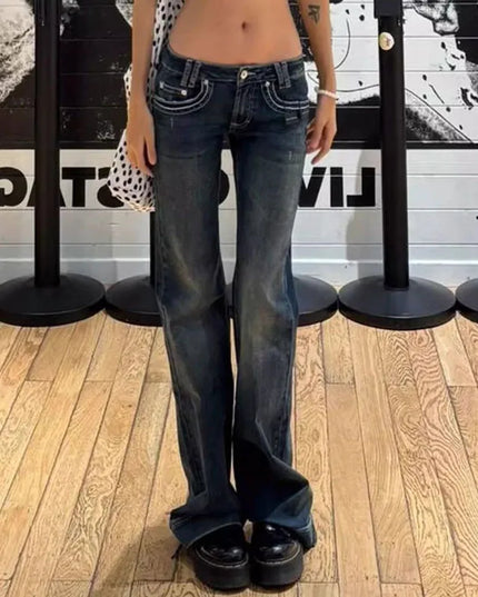 Vintage High Street Low-Waisted Wide Leg Flared Denim Jeans for Women