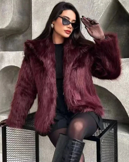Women’s Plush Faux Fur Crop Jacket - Long Sleeve Stylish Coat