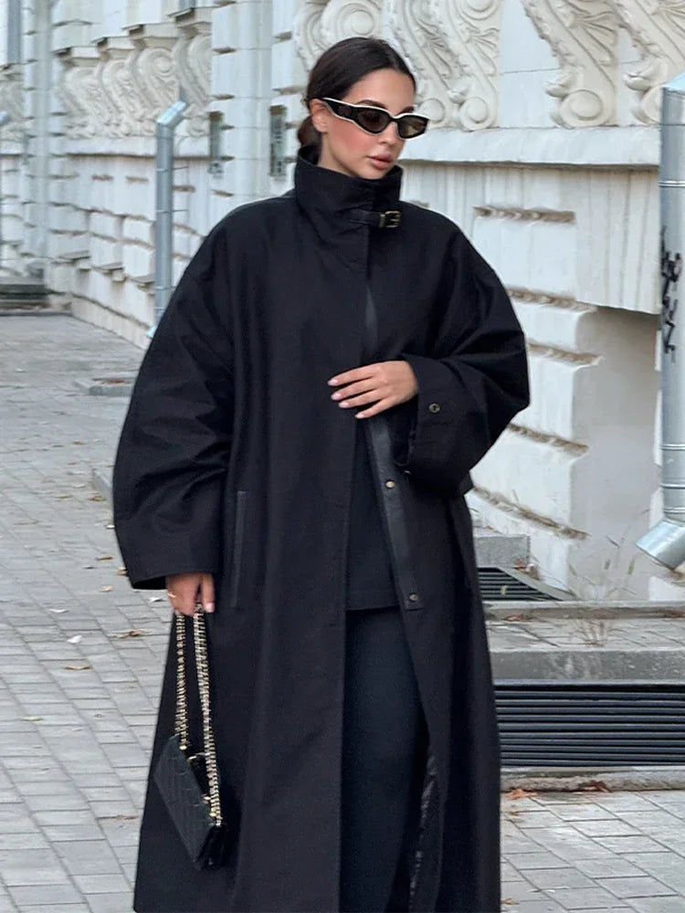Women's Chic Long Sleeve Trench Coat with Stand Collar and Loose Fit