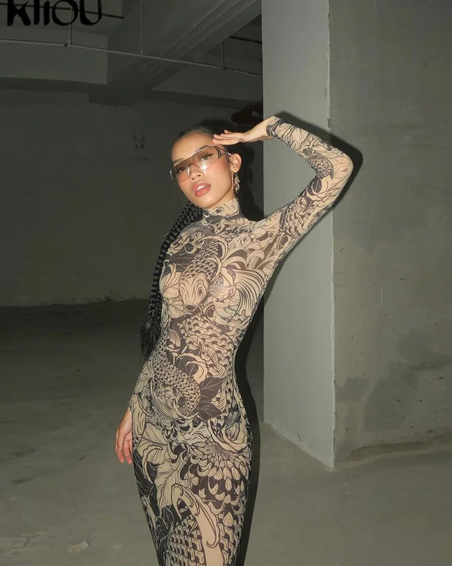 Women's Long Sleeve Mesh Sheer Bodycon Dress