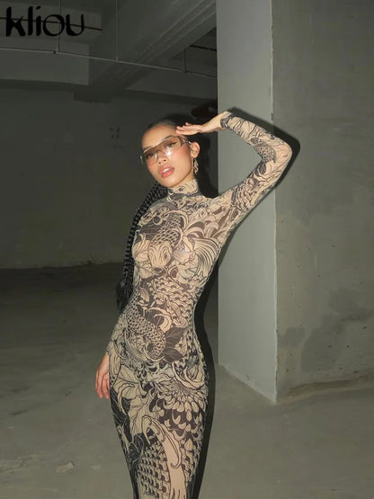 Women's Long Sleeve Mesh Sheer Bodycon Dress