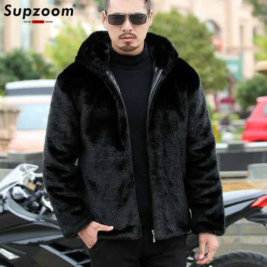 Men's Cozy Gold Mink Imitation Sheared Fur Hooded Zipper Jacket
