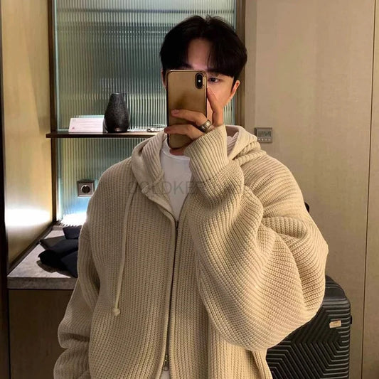 Men's Zip-Up Hooded Cardigan Sweater – Drop Shoulder Knitwear Jacket for Men