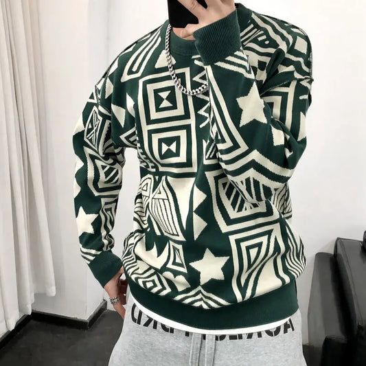 Men's Casual Printed Chao Pai All-Match O-Neck Sweater Tops