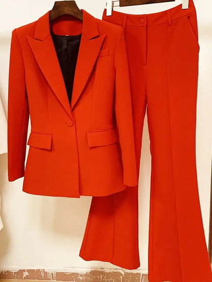 Women's Two-Piece Blazer and Flare Pants Set with Single Button Detail