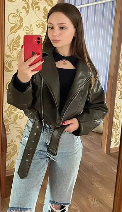 Women's Faux Leather Jacket - Long Sleeve Zip-Up Coat