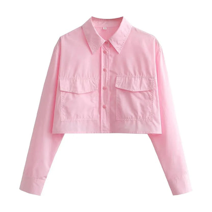 Women's Cropped Button-Up Blouse - Stylish Female Short Sleeve Shirt