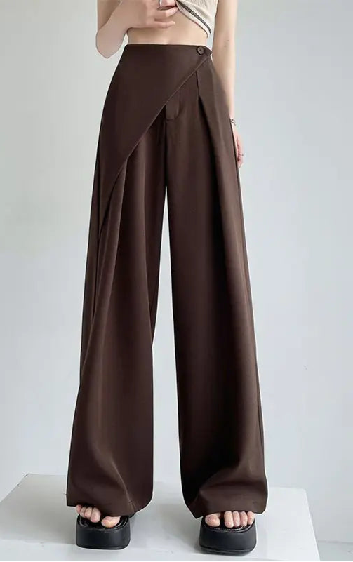 Brown wide-leg pants on a white background with text in Chinese.