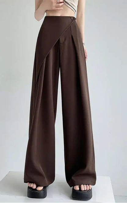 Brown wide-leg pants on a white background with text in Chinese.